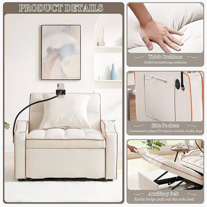 Convertible Sleeper Sofa Chair Bed 3 in 1 Velvet Single Small Futon Sofa Bed with Phone Holder &amp USB PortsPull Out Couch Recliner with Adjustable Backrest for Living Room Office Small Place(Be