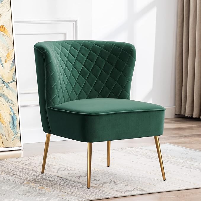 DUHOME Velvet Accent Chair Armless Slipper Chair Vanity Makeup Chair with Back Upholstered Sofa with Golden Legs Barrel Chair for Living Room Bedroom Dark Green
