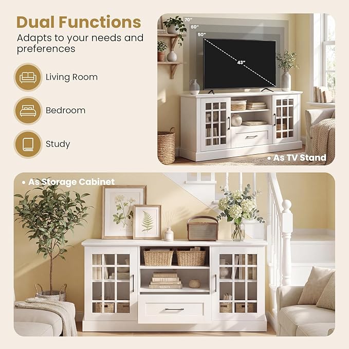 Giantex Farmhouse TV Stand for 65/70 Inch TV Tall Entertainment Center with Storage Cabinets Glass Doors Drawer Removable Shelves Media TV Console Table for Living Room Bedroom (White)