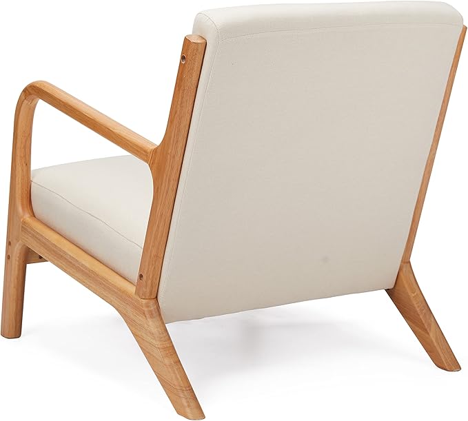 JOMEED Oak Wood Frame Mid Century Modern Accent Leisure Chair for Modern and Retro Decor Style Living Room with Soft Linen Upholstery Beige