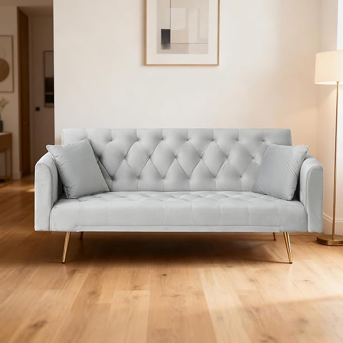 71 Velvet Futon Sofa Bed Convertible Sleeper Couch with 2 Pillows - Modern Loveseat Small Sofa 3-Angle Adjustable Backrest Golden Metal Legs for Living Room Bedroom Apartment Easy Assembly (Gray)