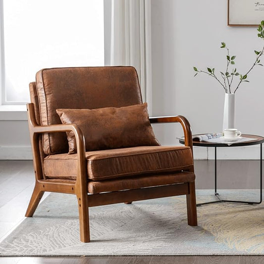 Brown Leather Accent Chairs Mid Century Modern Living Room Chairs Sillas De Sala Solid Ruberwood Arm Chair for Livingroom Bedroom Office Comfy Reading Lounge Decorative Side Sitting Chair