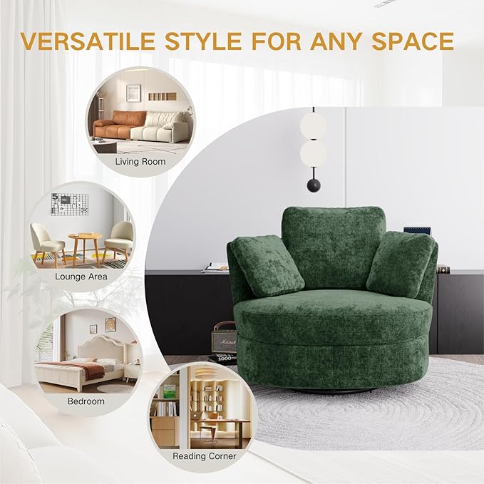 40.6''W Swivel Accent Barrel Chair Chenille Upholstered Round Single Couch Sofa with 3 Pillows for Living Room Apartment Bedroom (Green)