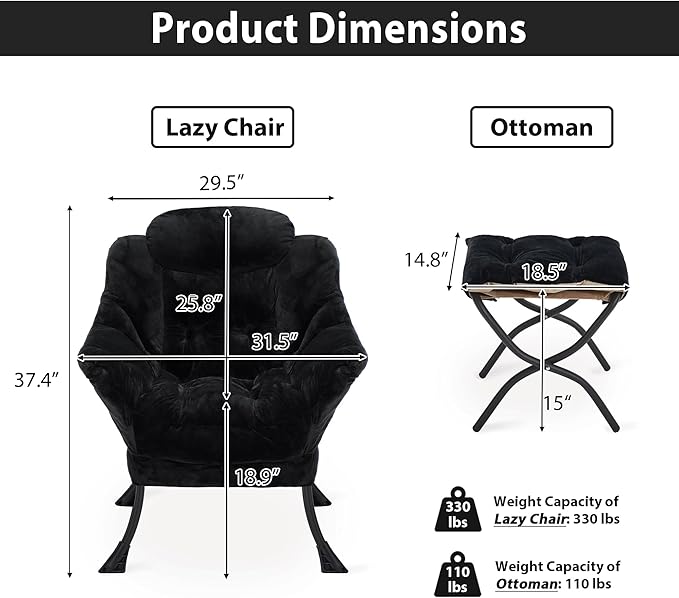 Lazy Chair with Folding Ottoman Accent Chair Plush Upholstered with Metal Structure and Non-Slip Pads Sofa Armchair with Footrest and Side Storage Bag for Dorm Room Office Black