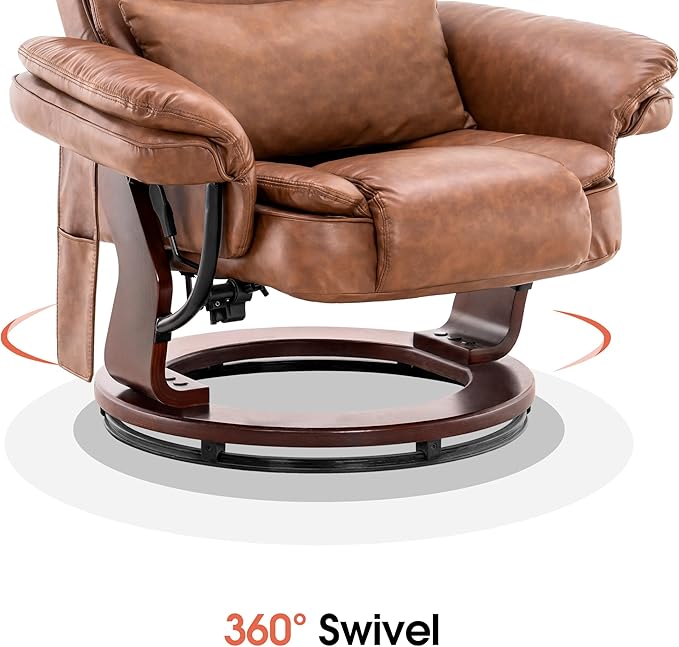 MCombo Swivel Recliner with Ottoman Chair TV Chair Sets with Vibration Massage for Small Space Living Room Bedroom 9096 9099 (Faux Leather Saddle)