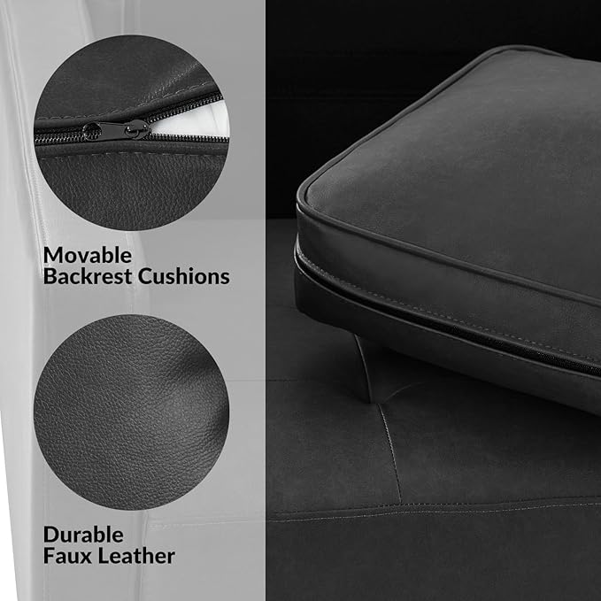 HULALA HOME Mid-Century Modern Faux Leather Loveseat Sofa with Movable Backrest Cushions Button-Tufted 2-Seater Sofa with Wooden Legs Small Love Seat Accent Couch for Living Bedroom Black