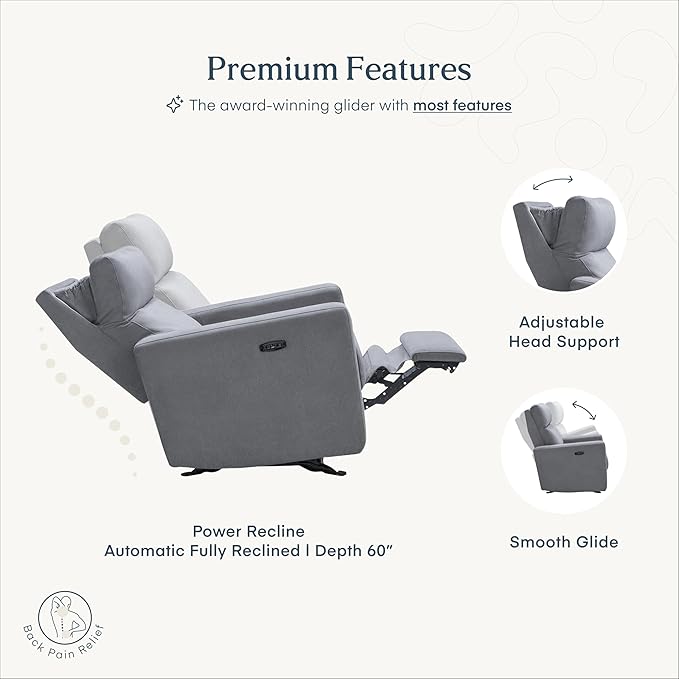 Nurture&amp The Glider Premium Power Recliner Nursery Glider Chair with Adjustable Head Support | Designed with a Thoughtful Combination of Function and Comfort | Built-in USB Charger (Gray)