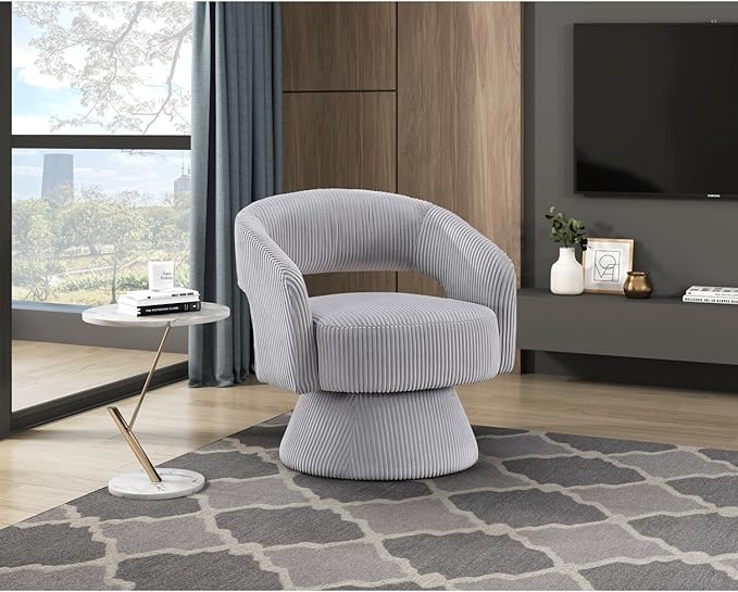 Modern Luxurious Swivel Accent Chair - Gray Corduroy Upholstery Plush Seating for Living Room or Home Office