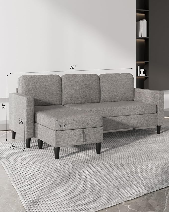 76 Inch L Shaped Sectional Sofa Modern 3 Seater Couch with Storage Ottoman Linen Convertible Sectional L Shape Couches for Living Room Apartment and Small Space