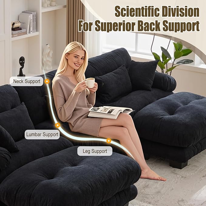 118 Oversized U Shaped Sectional Couch with 2 Ottomans Pelletized Velvet Cloud Couch with Bolster Armrest Pillows 3 Seater Comfy Sofa Modular Couches for Living Room (Black 118+2 Ottoman)