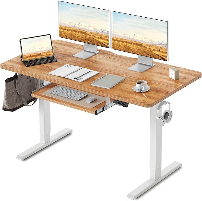 FEZIBO Standing Desk with Keyboard Tray 55 x 24 Inch Adjustable Height Sit Stand Desk with Memory Presets for Home Office Ergonomic Computer Workstation Light Rustic