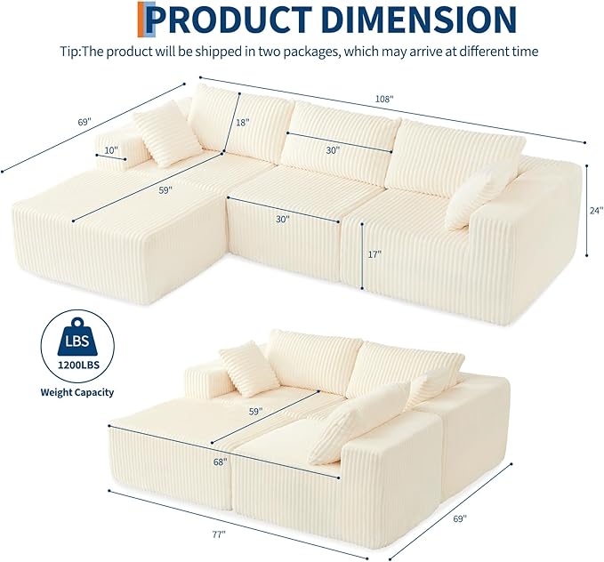 108 Modular Sectional Sofa Couches for Living Room Cloud Memory Boneless Couch No Assembly Required