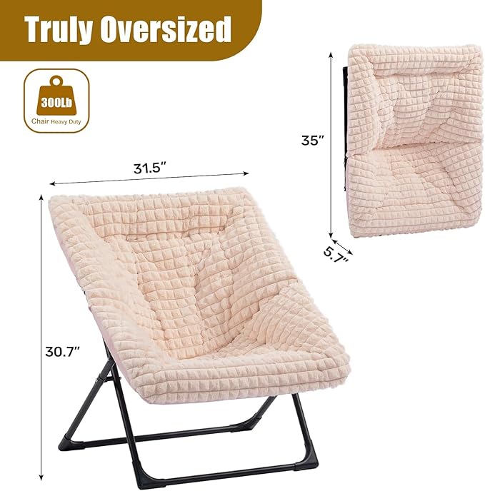 HollyHOME X-Large Saucer Chair Comfy Oversized Folding Chair Faux-Fur Reading Chair for Teens Adults Foldable Accent Chair Metal Lounge Chair for Living Room Bedroom Dorm Grid Champagne Pink