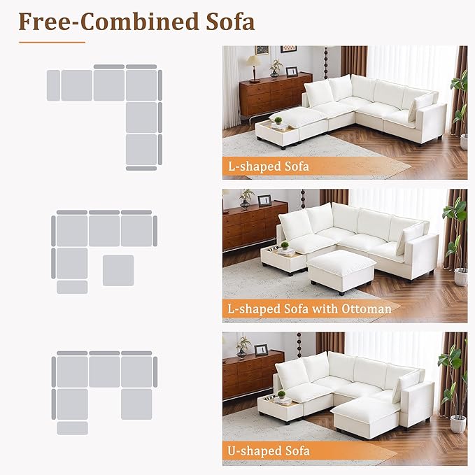 Merax Modern 90 U-Shaped Chenille Sectional Sofa Set Modular Sofa Couch with a Movable Ottoman a Coffee Table with Hidden Charging Devices for Living Room White