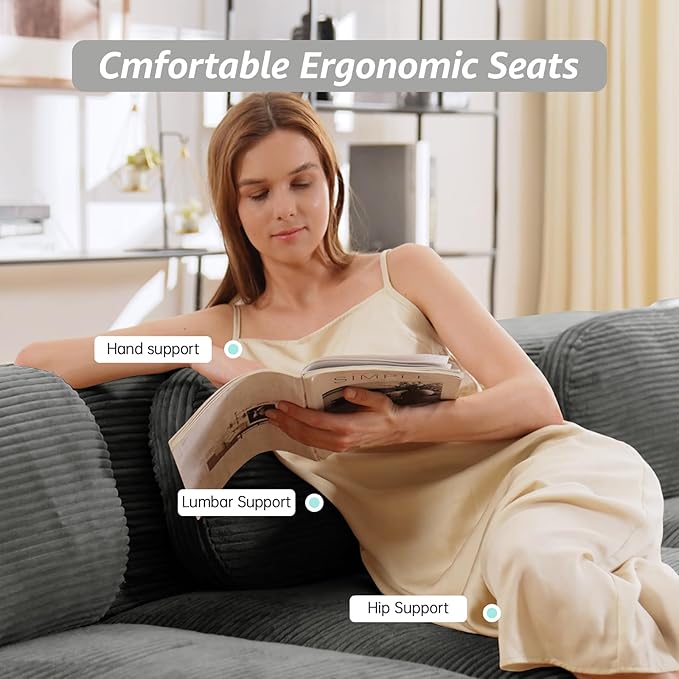 116 Modern Boneless Couches for Living Room Corduroy Cloud Couch Sectional Grey Modular Sectional Sofa 3 Seater with 1 Ottoman Sofas para Sala L Shape Sofas &amp Couches (Gray 3+1 Set)