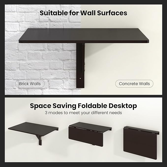 Tangkula 31.5 Wall Mounted Folding Desk Drop-Leaf Floating Desk with Spacious Surface Space-Saving Foldable Wall Table for Study Bedroom Bathroom Balcony &amp Small Spaces