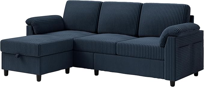 Vongrasig Convertible Sectional Sofa Couch 3 Seat L Shaped Sofa with Removable Pillows Soft Corduroy Fabric Small Couch Mid Century for Living Room Apartment and Office (Blue)