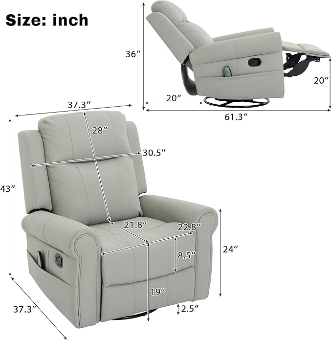 Christopher Knight Home Hayezi 270° Swivel Rocker Recliner Massage and Heating Chair PU Leather Living Room Manual Recliner with Dual Reclining Positions &amp Side Pocket for Nursery Bedroom Gray