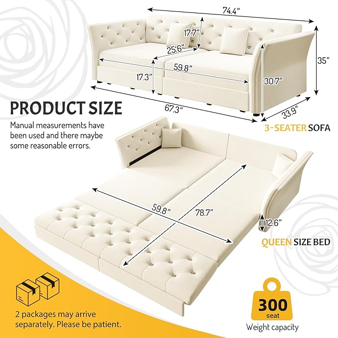 74.4'' Queen Size Sleeper Sofa Velvet Pull Out Couch with Flower-Tuffed Back Chesterfield Convertible Futon Sofa Bed 2 Pillows Deep Loveseat Couches for Living Room Small Spaces Beige