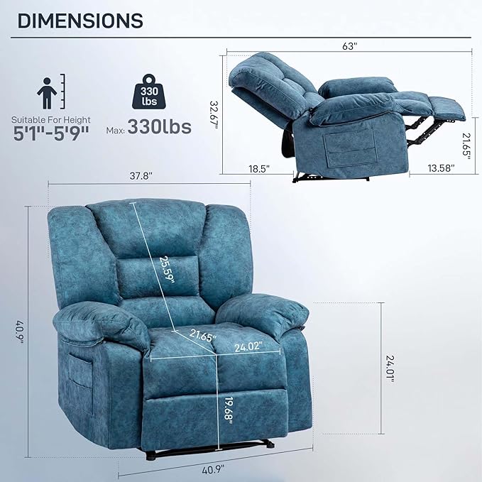 Oversized Recliner Chair &amp Massage Chair Recliner with HeatCozy Lazy Boy Recliners Chairs for Adults Blue Recliners Chairs&ampManual Reclining with Wide Seat Adjustable BackrestPockets (Blue)