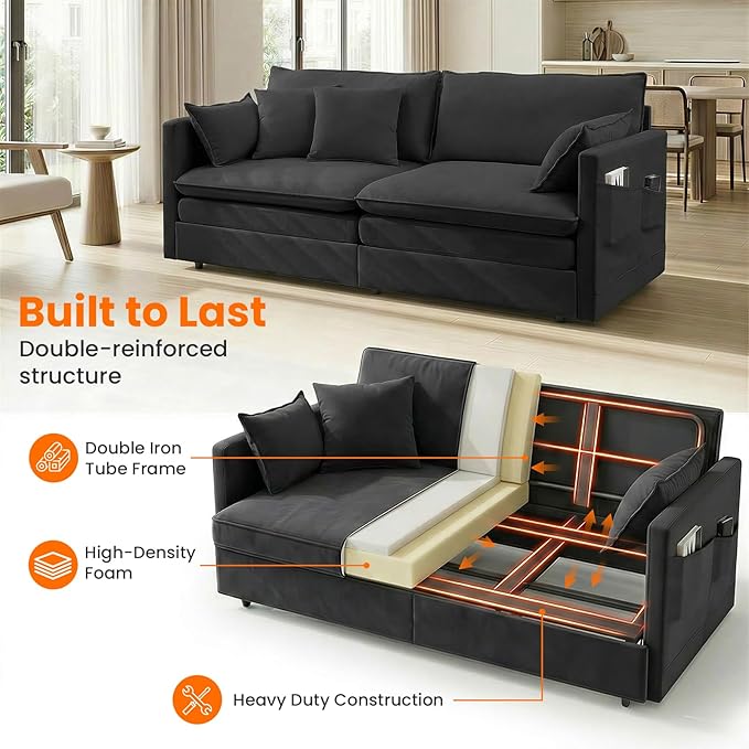 CECER 78 King Size Pull Out Sofa BedIce Velvet Pull Out Couch with Side Pocket3-in-1 Convertible Sleeper Sofa with 4 Pillows for Small Space/Living Room/Bedroom（Black）