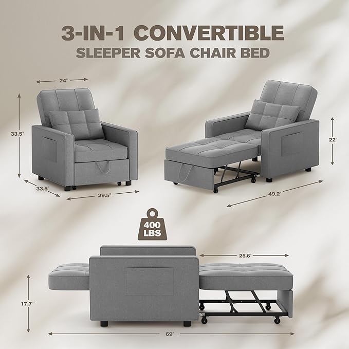 JUMMICO Sleeper Chair 3-in-1 Convertible Sleeper Sofa Bed for Adults Linen Fabric Pull Out Chair Bed with Adjustable Backrest Couches for Living Room Apartment Office Small Space (Light Gray)