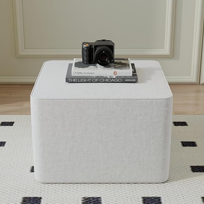 23.6'' Square Ottoman Chenille Foot Rest for Couch Sponge Filled Accent Ottomans for Living Room Office Bedroom - White