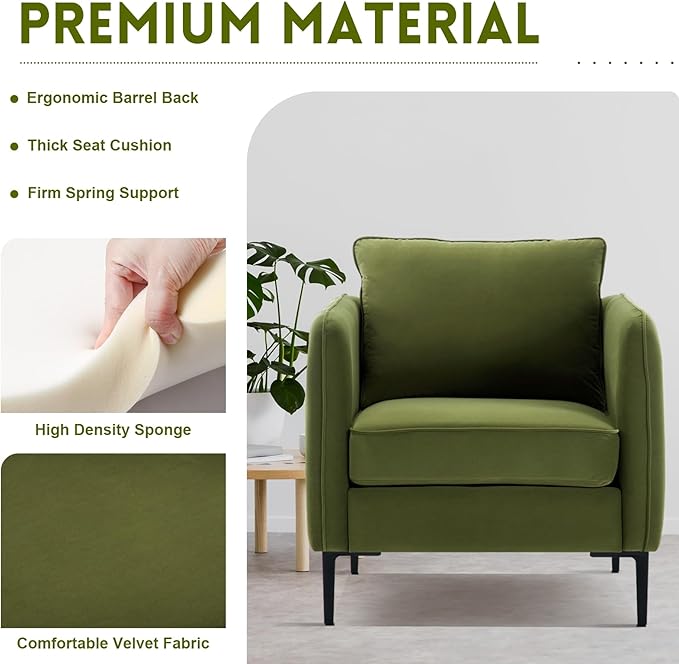 Velvet Accent Chair Mid Century Modern Single Arm Chair Comfy Living Room Reading Bedroom Lounge 6.3 Inch Upholstered Cushioned Black Metal Legs (Green Sofa Chair Set of 2)