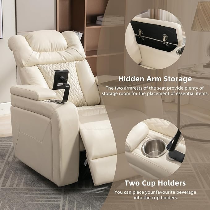 270 Degree Swivel Chair PU Leather Power Recliner Individual Seat with Comforable Backrest Tray Table Phone Holder Cup Holder USB Port Hidden Arm Storage for Living Room Home Theater White