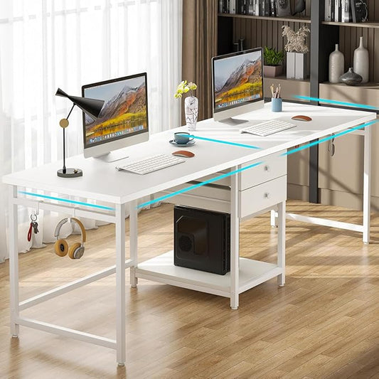 79 2 Person Office Desk with Drawers Double Workstation Desk with Storage Shelf for Two People Two Person Computer Desk with Hooks for Home Office Gaming