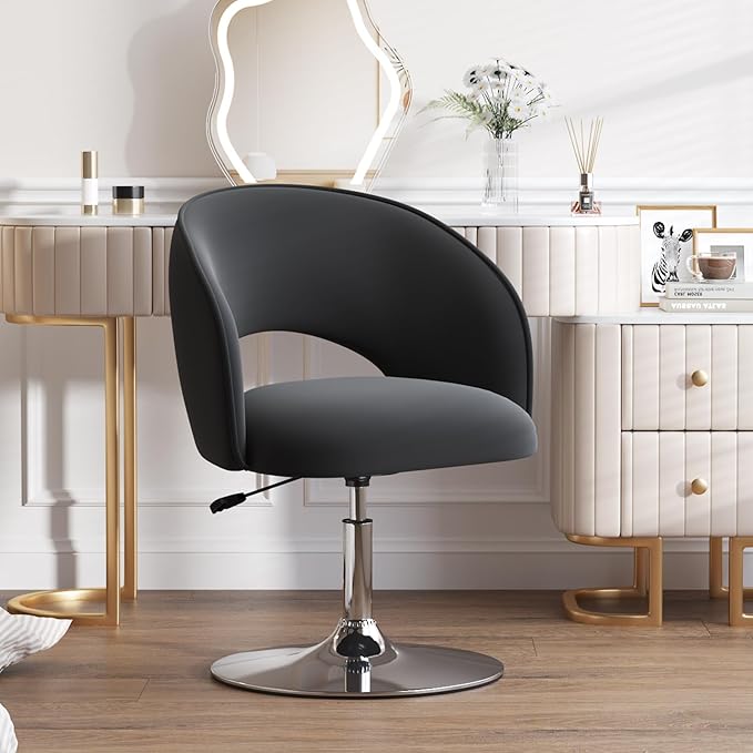 Furniliving Makeup Vanity Chair Flexible Round-Back 360° Accent Chair with Plated Frame Height Adjustable Swivel Chairs for Living Room Charming Chair Lounge Pub Bar (Black)