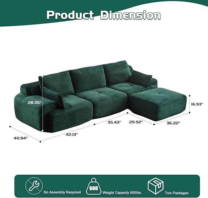 Modular Sectional Sofa Comfy Boneless Cloud Couch with Pillows Pet-Friendly Corduroy Fabric Sectional Couches for Living Room No Assembly Required (Green 3 Seat)