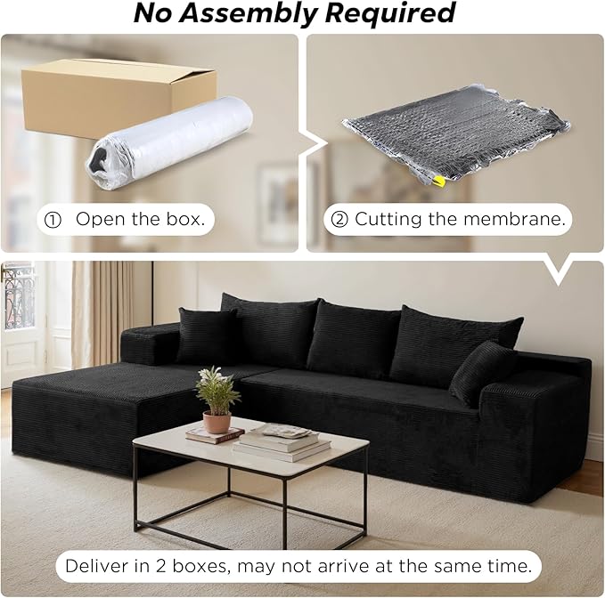 103 L Shaped Sectional Boneless Couch for Living Room Modern Modular Cloud Sofa with Left Facing Chaise Comfy Deep Seat Memory Foam Couch in Box No Assembly (1CM Wide Striped Corduroy Black)