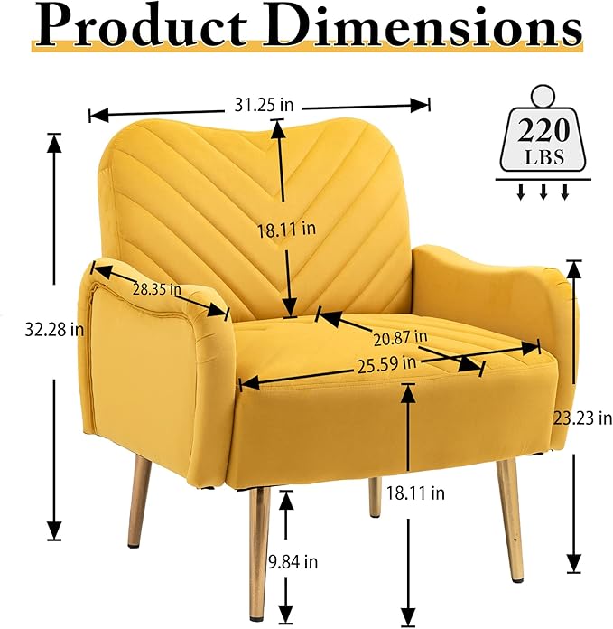 Velvet Accent Chair Comfy Upholstered Living Room Arm Chair Single Reading Sofa Chairs for Bedroom Office Small Spaces Waiting Room Furniture (Mustard Chair)