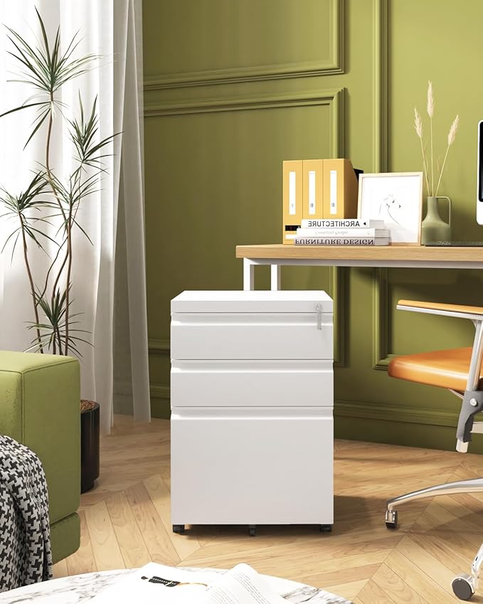 Mobile File Cabinet for Home Office Lockable 3 Drawer Filing Cabinet with Wheels for A4-Size/Letter-Size/Legal-Size Fully Assembled Except Casters White