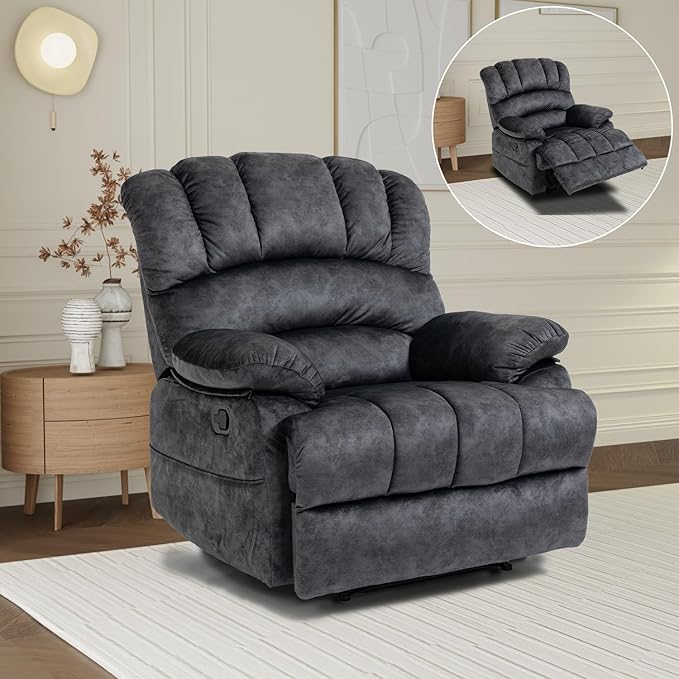 Large Lazy Recliner Chair for Adult Comfortable Manual Single Recliner Sofa Oversized Reclining Chair Upholstered Soft Fabric Living Room Recliner Sofa Chair for Living Room Bedroom (Dark Gray)