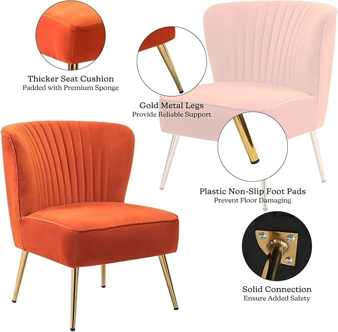 TINA'S HOME Monica Velvet Armless Side Chair Set of 2 Upholstered Accent Chair Comfy Living Room Chair with Golden Legs Wingback Mid Century Slipper Chair for Bedroom Guest Room- Orange