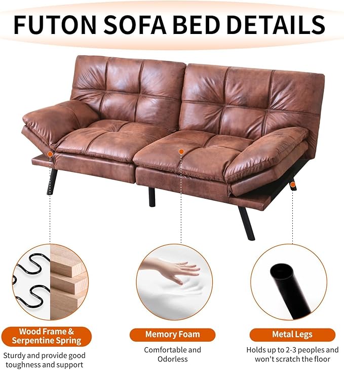 MUUEGM Futon Sofa Bed 71 Walnut Convertible Memory Foam Futon Couch Bed Modern Loveseat Sleeper with Adjustable Backrests Armrests for Living RoomSmall SpaceOffice