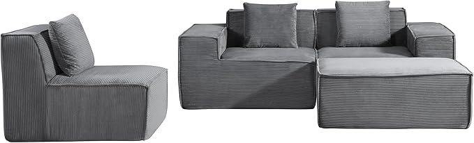Rowan Convertible Corduroy Sectional Couch with Ottoman &amp Pillows Modular L Shaped Sleeper Sofa Boneless Cloud Couch for Living Room Furniture Dark Grey