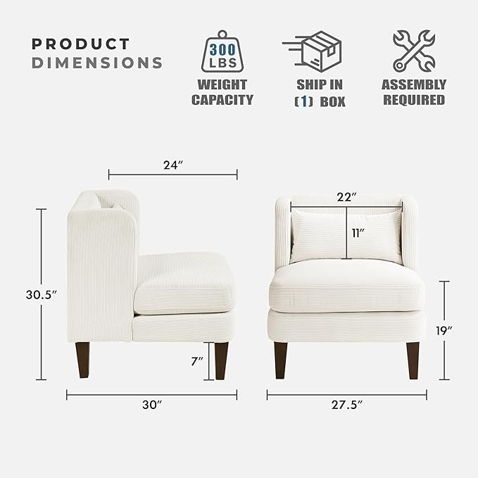 Lexicon Armless Living Room Accent Chair Corduroy Fabric Upholstered Single Sofa Chair with Pillow Solid Wood Legs Wing Back for Bedroom/Office/Waiting Area Beige