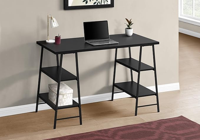Penau Computer Desk with Storage Shelves Contemporary Black Laminate and Metal Design 48 Inch Length Ideal for Home Office and Small Workspaces
