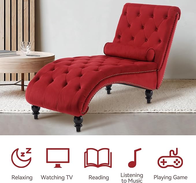 Velvet Chaise Lounge Chair Indoor Comfy Upholstered Chaise Lounge with Pillow and Solid Wood Legs Button Tufted Leisure Sofa Recliner for Living Room Bedroom Office Apartment (Red)