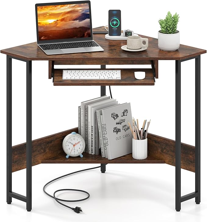 Giantex Small Corner Desk with Charging Station Triangle Computer Desk with Keyboard Tray &amp Storage Shelf Metal Corner Writing Desk for Bedroom Small Space Home Office Black &amp Rustic Brow