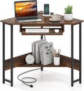 Giantex Small Corner Desk with Charging Station Triangle Computer Desk with Keyboard Tray &amp Storage Shelf Metal Corner Writing Desk for Bedroom Small Space Home Office Black &amp Rustic Brow