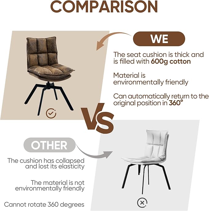 KEEZY Mid-Century Modern Accent Chair Set of 2 Cat-Scratch Leather Vanity Chair with 360° Auto Return Swivel High Density Padding &amp Metal Legs Ideal for BedroomLiving Room andHome Office（Brown
