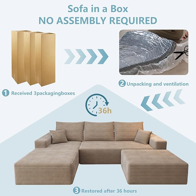 107 U Shaped Cloud Sectional Couch with Fluffy Corduroy Deep Memory Foam Seats Sofa with 1 Ottoman for Living Room No Assembly Required(CamelLeft-Facing Chaise)