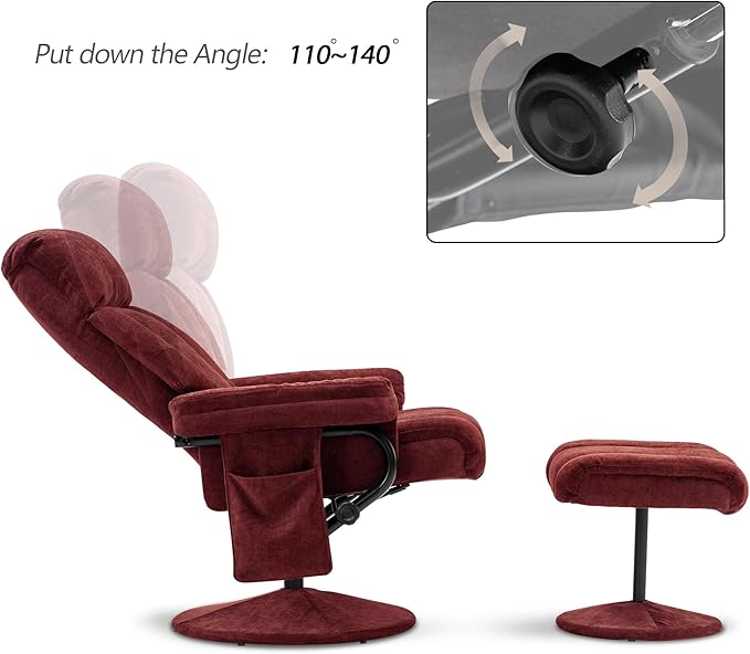 MCombo Swivel Recliner with Ottoman TV Chair with Vibration Massage Ideal for RV Small Space Living Room &amp Bedroom 4828 (Textile Burgundy)