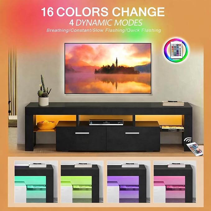 Large TV Stand for TVs up to 75 Inches – Modern Entertainment Center with LED Lights 4 Storage Drawers Open Shelves Black Finish