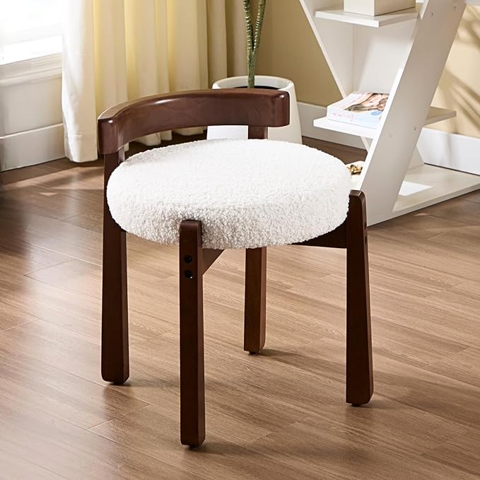 HEAH-YO Wood Vanity Chair with Back Set of 2 Sherpa Upholstered Small Ottoman Footstool Mid-Century Modern Makeup Chair with Solid Wood Legs for Makeup Room Bedroom Living Room White