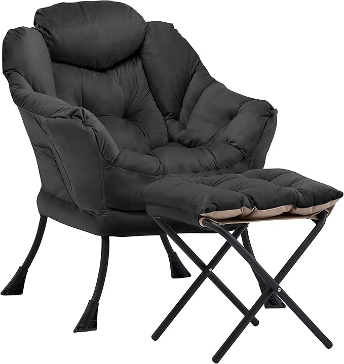 Lazy Chair with Ottoman Comfy Accent Lounge Chair with Side Pocket Modern Reading Armchair with Footrest Upholstered Sofa Chair for Small Spaces Bedroom Living Room Dorm Black